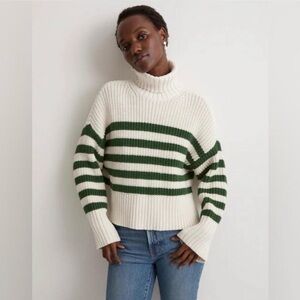 Madewell Cream and Forest Green Striped Turtleneck Cableknit Sweater